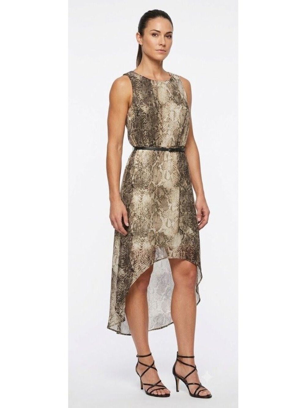 J. Taylor Hi-Low Brown Snake Print Sleeveless Belted Dress Fully Lined Size 10